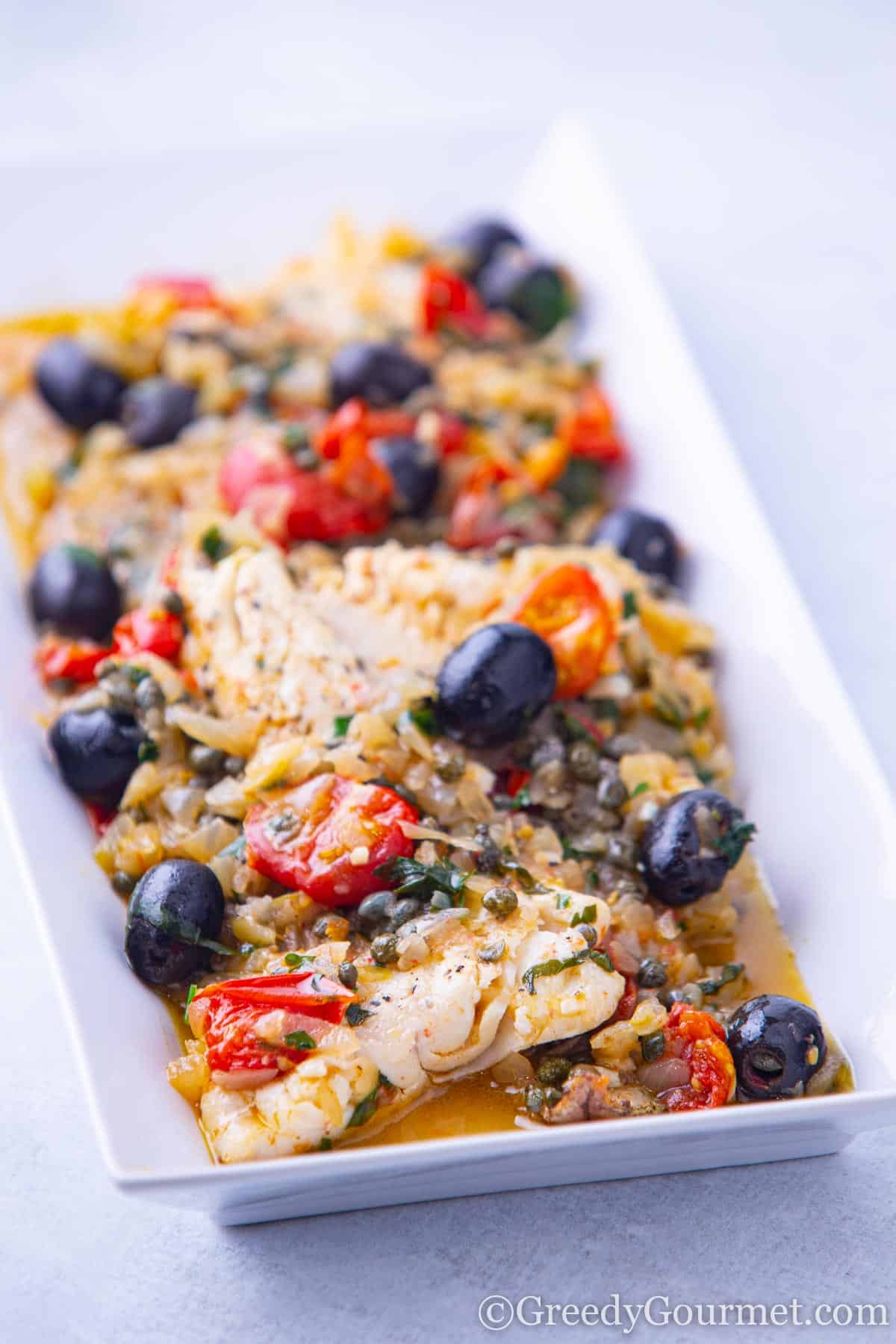 Pan Fried Haddock & Tomato, Olives & Capers | Greedy Gourmet