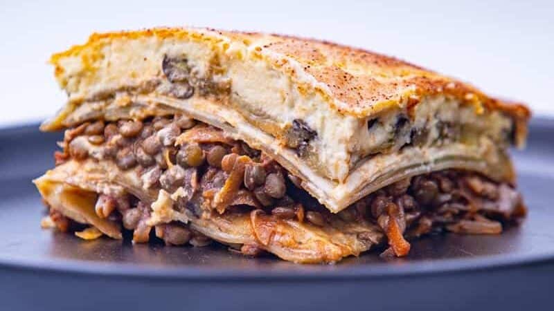 Slice of a vegetarian moussaka recipe on a plate